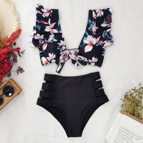 Women Sexy Ruffled Split Black Swimsuit High Waist Floral Bikini Print Bathing Set Summer Beach Ladies Two-piece Suit Swimsuit