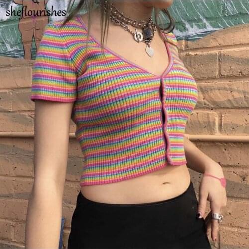 Summer cropped cardigan women short sleeve sweater colorful striped sweater korean v neck top knit button up cardigan casual