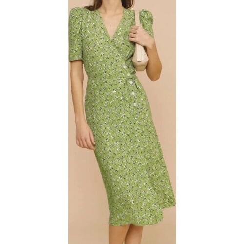 2021 Spring Women Deep v neck Retro floral Dresses Party Middle length floral Vestidos Button-up Slim vintage Printed Midi Dress