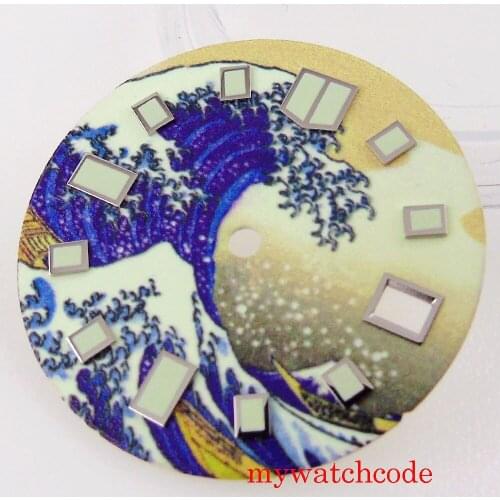 29mm Sterile Luminous Kanagawa Surfing Watch Dial Parts With Date Window Dila Feet At 23/38 Degree Fit NH35A SKX007 Movement