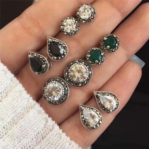 5 Pair/set Boho Retro Mixed Small Earrings Set Shiny crystal Water drop Geometric Stud Earrings for Women Girls Ear Studs