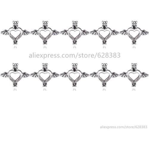 Heart Wings Locket Charm Necklace Bracelet Jewelry Making Supplies Pearl Beads Cage Essential Oil Diffuser Locket Pendant V59