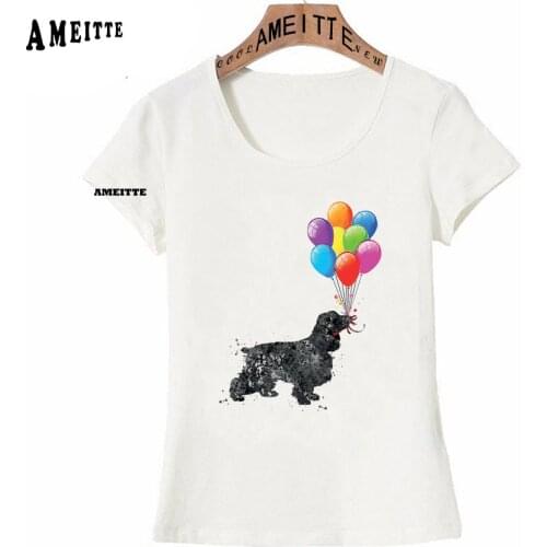 AMEITTE Watercolor Design Black Cocker Spaniel Dog with Balloon T Shirts Women Summer White T-shirt Fashion Female Tops Tee