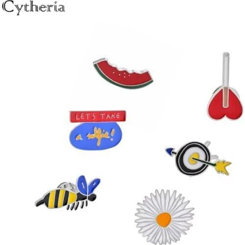 Watermelon bee sunflower Enamel Pins Brooches Heart Mobi Archer daisy Letter Red brooches lets take a selfie summer beach