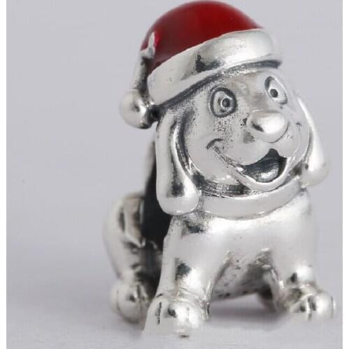 Winter New Red Enamel Christmas Puppy Dog Beads 925 Sterling Silver Animal Charm Fits Pandora bracelets diy Accessories