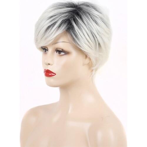Short Full Head Wig Beige Black Gradient Oblique Bangs Women Synthetic Wig