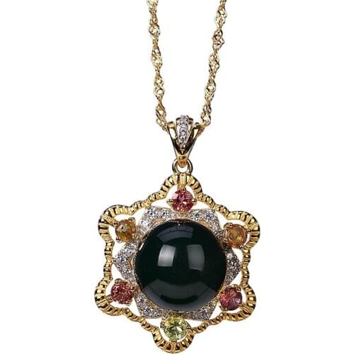 S925 sterling silver gold-plated natural Mexican blue amber pendant graceful personality geometric womens necklace set