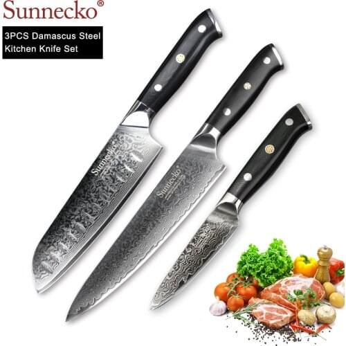 SUNNECKO Utility Chef Knife 3PCS Kitchen Knives Set Japanese Damascus VG10 Steel Chef Cooking Paring Cutter Tools G10 Handle