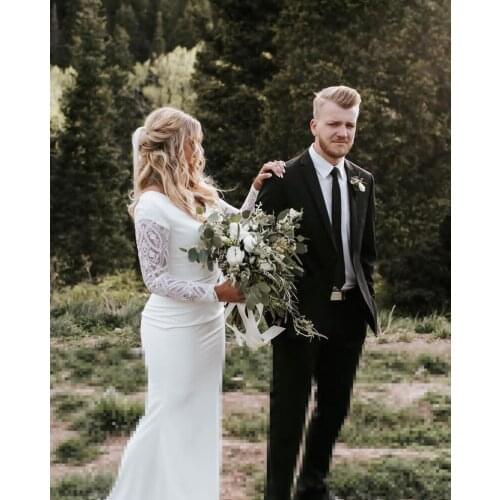 LORIE Mermaid V-neck Satin Wedding Dress 2021 Sexy Lace Sleeves Vestidos De Novia Floor-length Formal Bride Dress Plus Size