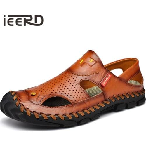 Size 46 Genuine Leather Sandals Men Outdoor Sandals Breathable Hollow Out Man Shoes Beach Sandal