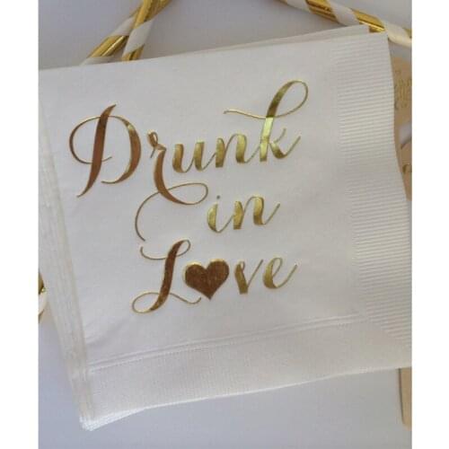 50 Personalised White with Metallic Gold Foil Cocktail Beverage Napkins Napkin Drunk in Love Hearts Heart Wedding Party Favor