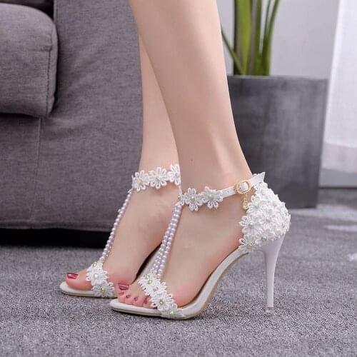 Open toe Women wedding shoes Ankle strap Buckle shoes Pearl Flower party dress shoes white/red/pink Beads shoes woman 9cm