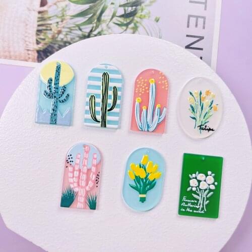 10 PCS Acrylic The cactus design is fresh Sunshine Flower Flatback Stereo Print Crafting Jewelry Fashion Found Key Earring DIY