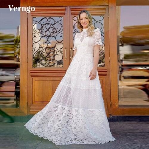 Verngo 2021 Boho A Line Lace Wedding Dresses Short Sleeves High Neck Floor Length Vintage Bridal Gowns With 3M Free Veil
