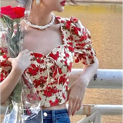 Summer Casual Vintage Floral Blouse Tops for Women Puff Sleeve Sexy Sweet Mini Blouse Chic Party Designer Korean Clothing Boho