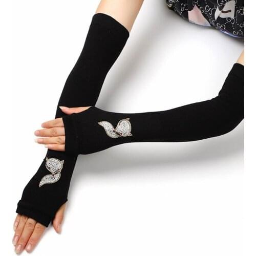 Female Black Half Finger Long Knitted Warm Driving Mittens Female Cute Fox Animals Elasticity Dance Rhinestone Punk Gloves