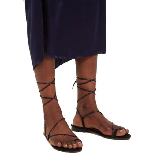 Ladies Black Strappy Flats Sandals Plus Size 34-46 Casual Flat Shoes Woman 2021 Summer Sandalias Ankle Lace-up Beach Flip Flops