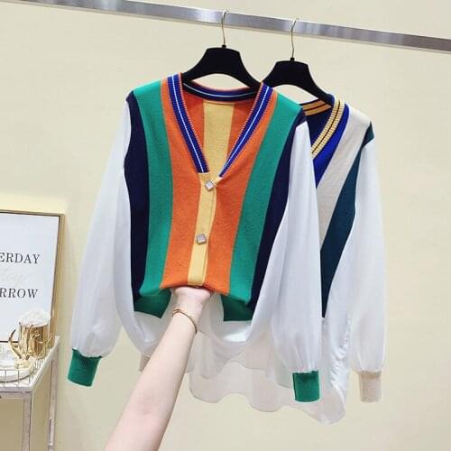 Woman Sweater Knitted Cardigan Hit Color Long Sleeve Shirt Tops Striped V Neck Loose Buttons Blouses Autumn Korean Women Clothes