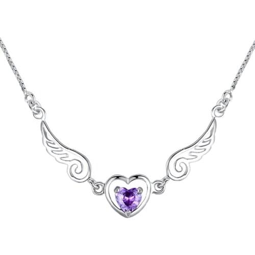New Fashion Women Girls Jewelry Silver Plated Zircon Angel Wing Necklace Pendant Crystal Love Heart Chain Necklace Gift