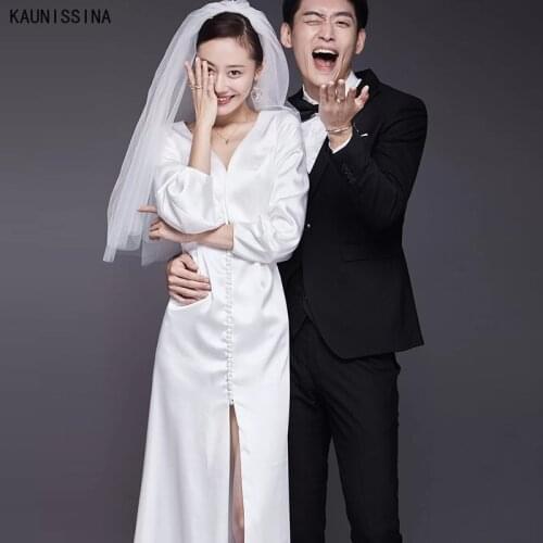 KAUNISSINA Long Sleeve Wedding Dresses Buttons Deep V-Neck High Slit Sexy Bridal Dress Women White Simple Beach Bride Gowns