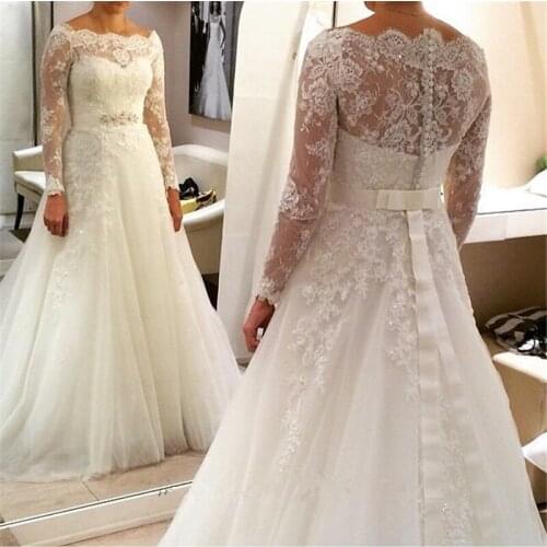 Vestido de noiva A line 2016 White Bateau Sequins Appliques Cheap Bridal Dresses Long Sleeve Lace Wedding Dresses With Covered