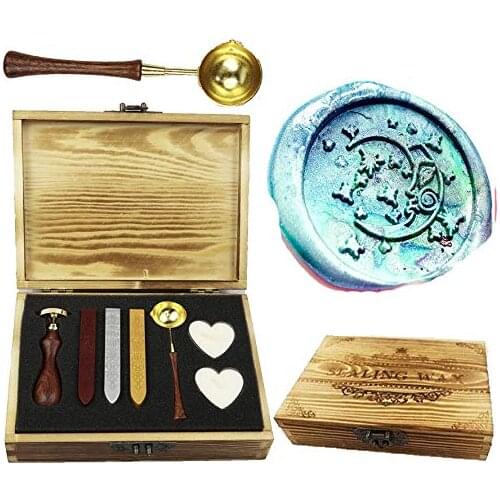 GPeal Star Moon Moonlight Wax Seal Stamp Kit Wood Handle Melting Spoon Wax Sticks Candle Wood Gift Box Set