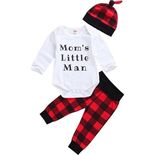 2020 New Fall Autumn Infant Baby Boys 3Pcs Outfit MOMS LITTLE MAN Long Sleeve Letter Printed Bodysuit+Fashion Plaid Pants+Hat