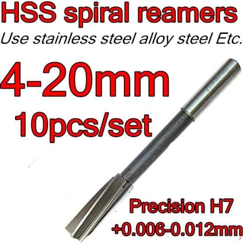 4-5-6-8-10-12-14-16-18-20mm 10pcs/set HSS spiral reamers drill Machine reamer Precision H7 +0.006 - +0.012mm Free shipping