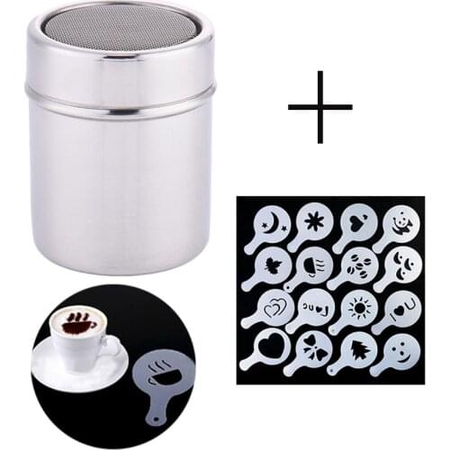 Stainless Steel Chocolate Shaker Cocoa Flour Coffee Sifter + 16Pcs Coffee Stencils Template Strew Pad Duster Spray Set