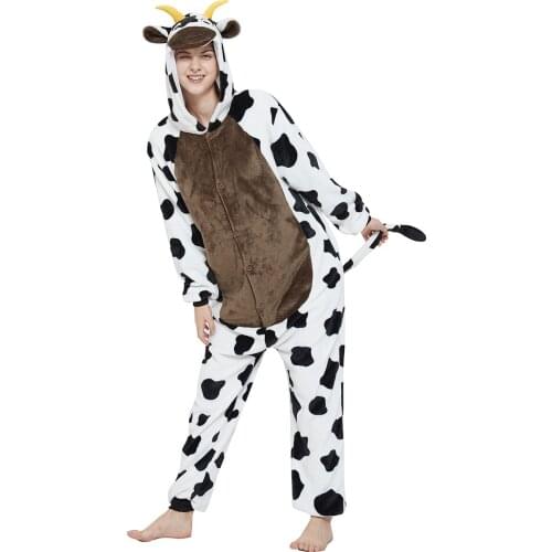 Adult Kigurumi Cow Onesies Flannel Cute Animal Pajamas Sets Kids Winter Nightwear Anime Costumes Pyjamas Sleepwear Homewear