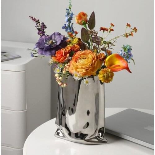 Nordic creative ceramic handbag pleated vase dry flower decoration electroplating silver soft Flower Arrangement Wedding decora