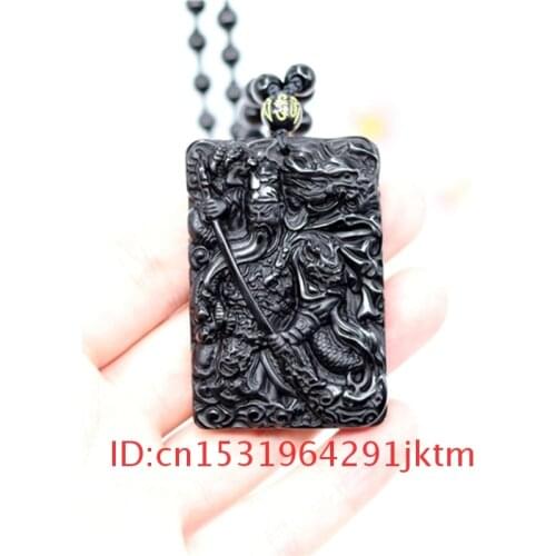 For Fashion Obsidian Guanyu Pendant Natural Chinese Charm Necklace Jade Black Gifts Jewelry Women Beads Amulet