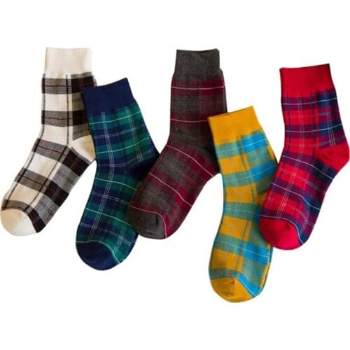 5 Pairs Couples Japan Korea Style Retro British Lattice Socks Meias Men Women Creative Funny Cotton Short Socks Size EUR 36-41