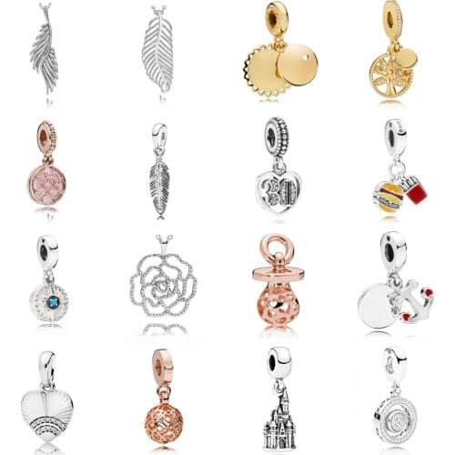 NEW 2021 100% 925 Sterling Silver Feather Rose Charm Pendant Fit DIY Original Bracelet Fshion Jewelry Gift