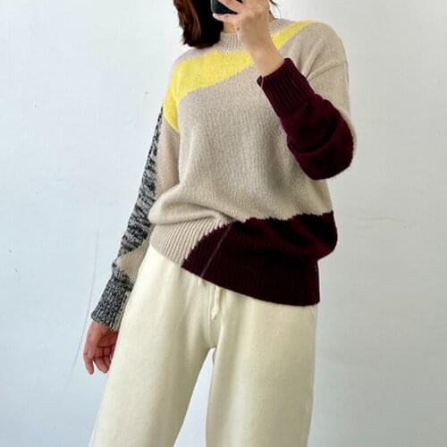 2020 Autumn and Winter New Round Neck Pullover Knitted Sweater Color Matching Loose Women Pullover