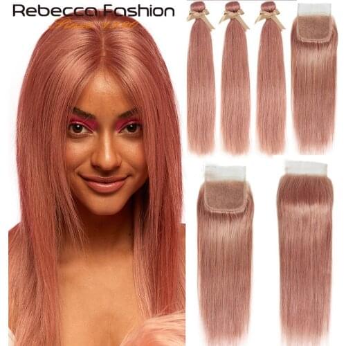 Rebecca S Pink Blonde 8# Bundles With Closure Brazilian Straight Remy Human Hair 3 Bundles S Pink Blonde With Closure