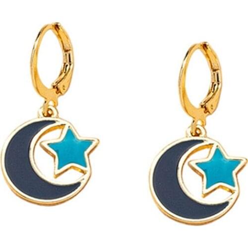 Punk Blue Star Moon Earrings for Women Metal Vintage Fashion Hip Hop Charm Earrings 2000s Aesthetic Gifts Y2K Jewelry