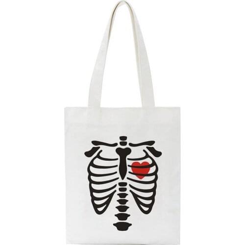 Kawaii Bone Ribs Picture Heart Abstract Art Harajuku Punk Tote Bag Canvas Shopper Reusable Handbags Collapsible Shoulder Bags