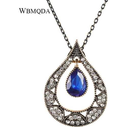 Wbmqda Bohemia Pendant Necklace For Women Antique Gold Punk Green Resin Vintage Jewelry Crystal Gift