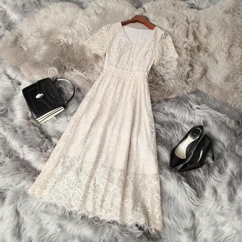 Europe and the United States womens clothing New Summer 2021 Short sleeve V-neck hollow lace Slim Fashion Dress
