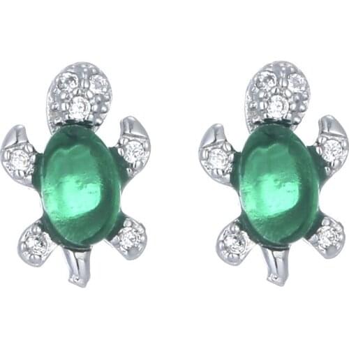 UFOORO 925 silver stud Earrings green little turtle Romantic Jewelry Wedding Elegant Silver AAA Cubic Zirconia Stone Earring