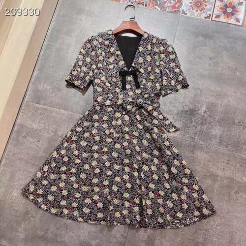 2021 New Summer Women Dress Silk Flowers Print V-Neck Short Sleeves Gorgeous Sicily High Quality Runway Famous-Brand Mini Dress