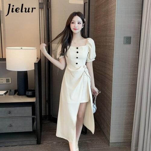 Jielur Women Dress Short Sleeve High Waist Solid Color Chic Elegant Vestidos Button Dresses Loose Slim S-XL Chic Summer Dress
