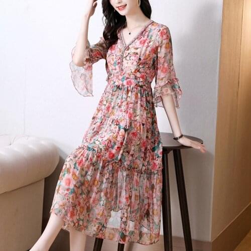 2021 Vintage 3XL Plus Size Chiffon Beach Dress Casual Print Mulberry Silk Midi Dress Summer Women Elegant Bodycon Party Vestidos