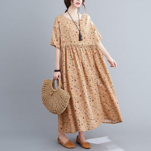 Print Floral Prairie Chic Vintage Dress Plus Size Oversized Loose Summer Dress Thin Soft Cotton Linen Women Travel Casual Dress