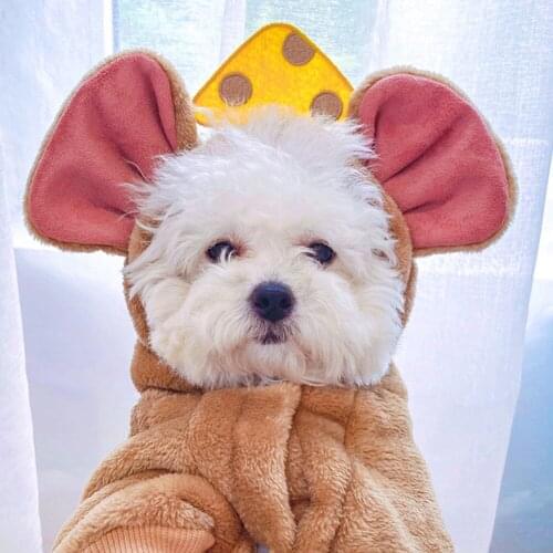 Winter Pet Dog Costume Cute Plus Velvet Warm Mouse Big Ears Hoodies Coat Warm Fleece Jumpsuit for Cat Dog