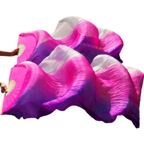 100% Silk Belly Dance Fans High Quality 1 Pair Handmade Dyed Silk Belly Dance Long Fans Stripe White+Rose+Purple Colors 180x90cm