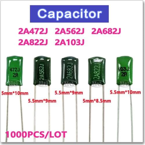 1000PCS Polyester Film 100V 2A472J 2A562J 2A682J 2A822J 2A103J 5% 4.7NF 5.6NF 6.8NF 8.2NF 10NF NPO high voltage metal capacitor
