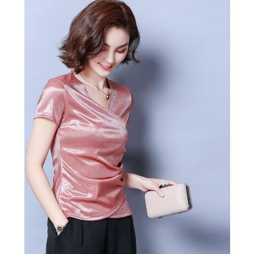 Womens Elegant Blouse Summer with Short Sleeve Plus Size Basic Women Blouses Satin Silk Beautiful Blouse Folds for Women 2021
