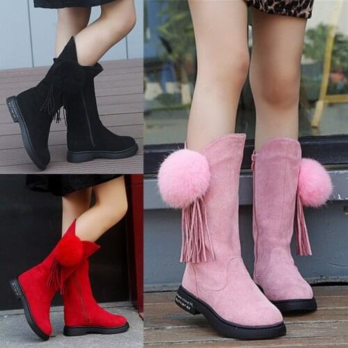 Girls Fringe Boots #27-37 Kids Pom Designer Winter Boots Vintage Tassel Black Flock Leather Mid-calf Boots Princess Party Shoes